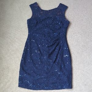 Scarlett Nite Navy Blue Tiered Lace Sequins Lined Fitted Sheath Dress